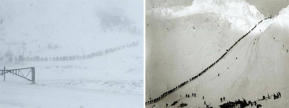 The long queue at the Leichhardt T-Bar at Perisher Resort, left. Picture: Tim the Yowie Gold seekers bound for the Klondike Gold Fields, Chilcoot Pass, Alaska in 1898, right. Picture: Supplied 