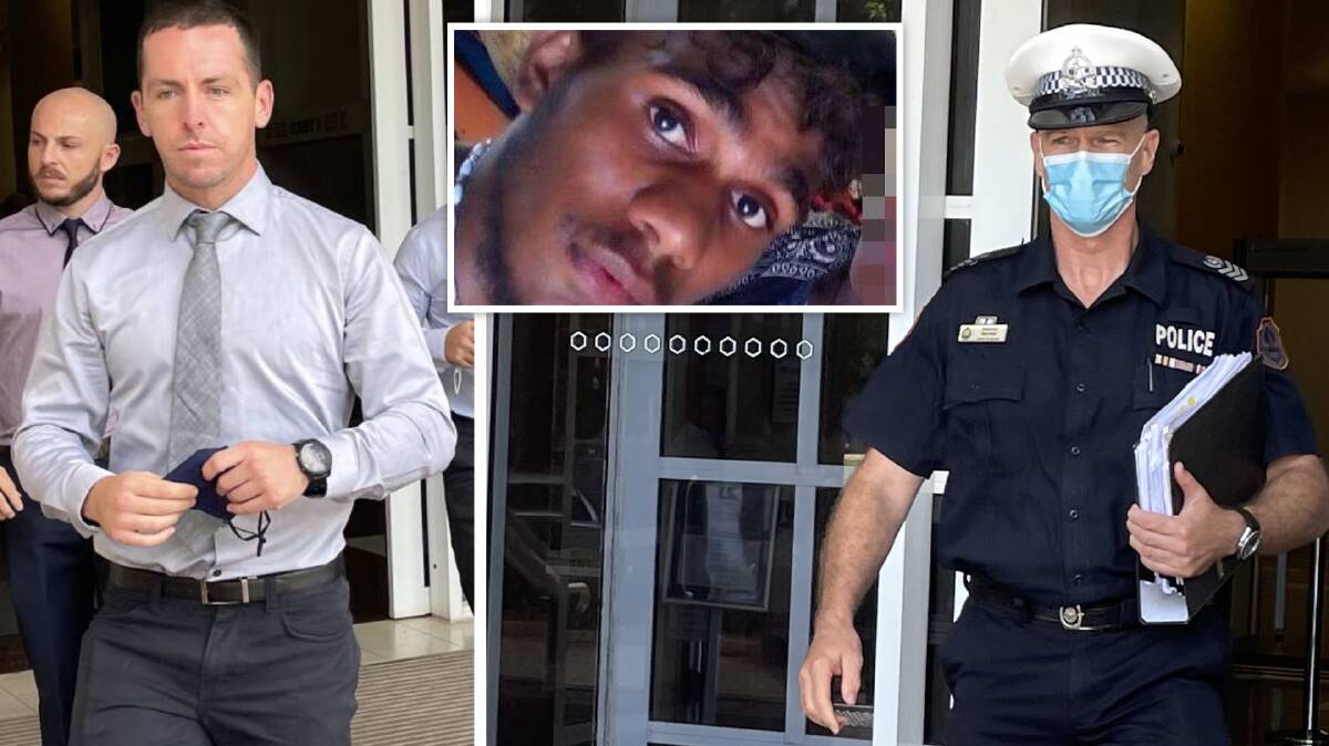 Constable Zachary Rolfe, left, earlier in the trial and Detective Senior Sergeant Andrew Barram, right, leaves the Darwin Supreme Court. Inset, Kumanjayi Walker. Pictures: Sarah Matthews, Supplied