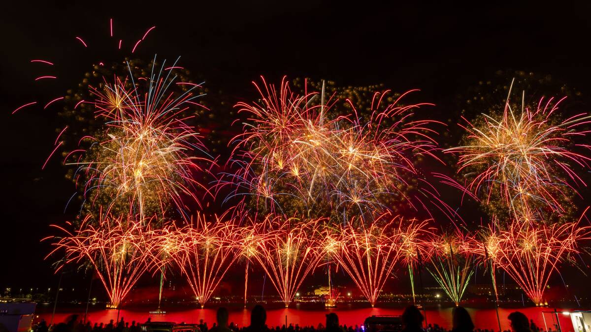 A 20-minute-long pyrotechnic bonanza was launched from barges on Lake Burley Griffin.
Over 40,000 effects, 2,500 shells and 25,000 shooting comets lit up the bush capitals sky on Saturday evening.
