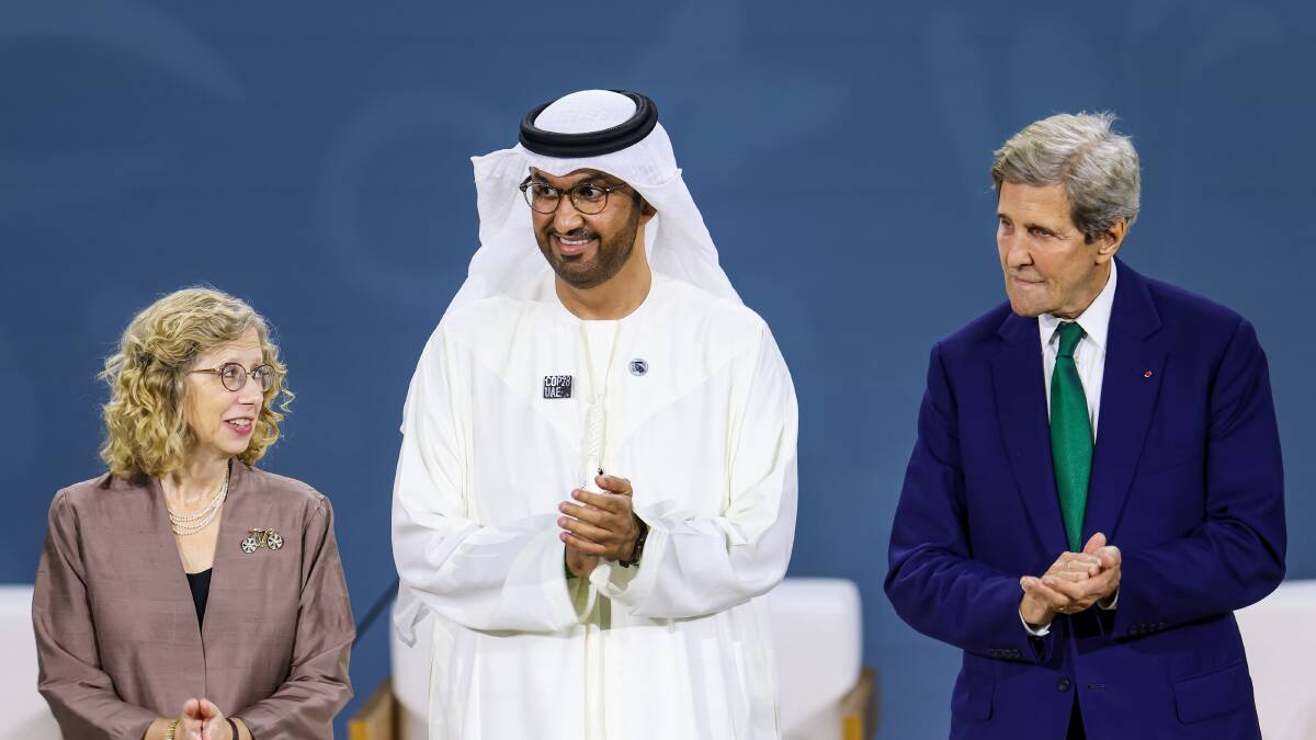 United Nations environment program executive direct Inger Andersen, COP28 president Sultan Al Jaber, and special US presidential envoy for climate John F. Kerry. Picture COP28