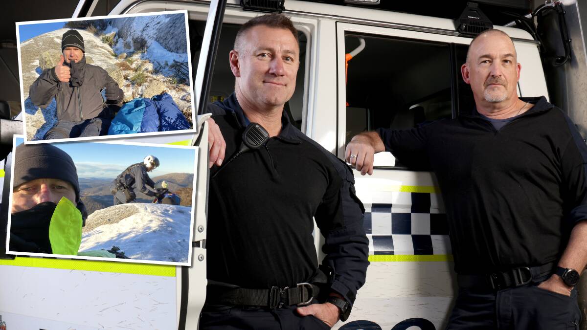 Senior Constable Paul Yates, left, and Sergeant Andrew Craig,and top inset Senior Constable Peter Ibbott and Senior Constable Yates at the rescue. Picture by James Croucher