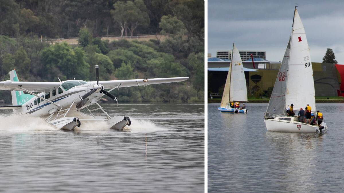 A seaplane touches down on Lake Burley Griffin during a trial run in 2020, and yachts on the lake in 2014. Pictures by Karleen Minney, Rohan Thomson