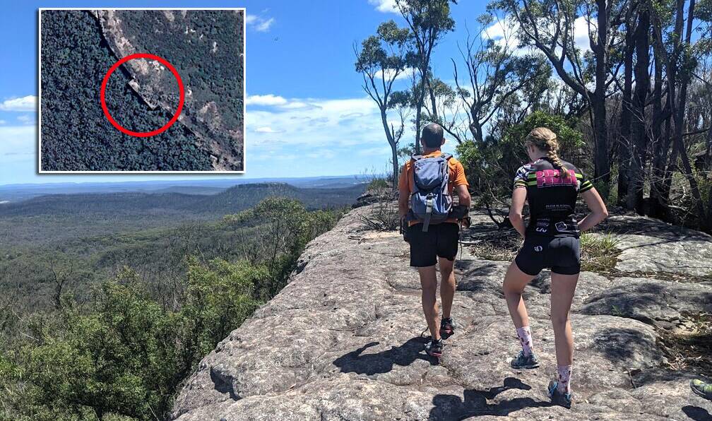 Paul Cuthbert and his daughter Ella atop the rectangular feature in the Budawangs, and, inset, the peculiarly symmetrical rock face seen from above. Picture: Steve Hanley and Supplied