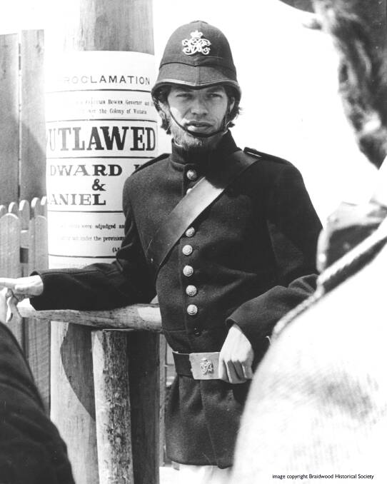 Mick Jagger in the 1970 film 'Ned Kelly' filmed in Braidwood and surrounds. Jagger is dressed as a policeman for a scene where Kelly (played by Jagger) had audaciously disguised himself as a policeman for one of his bushranging raids. Picture: Braidwood & District Historical Society