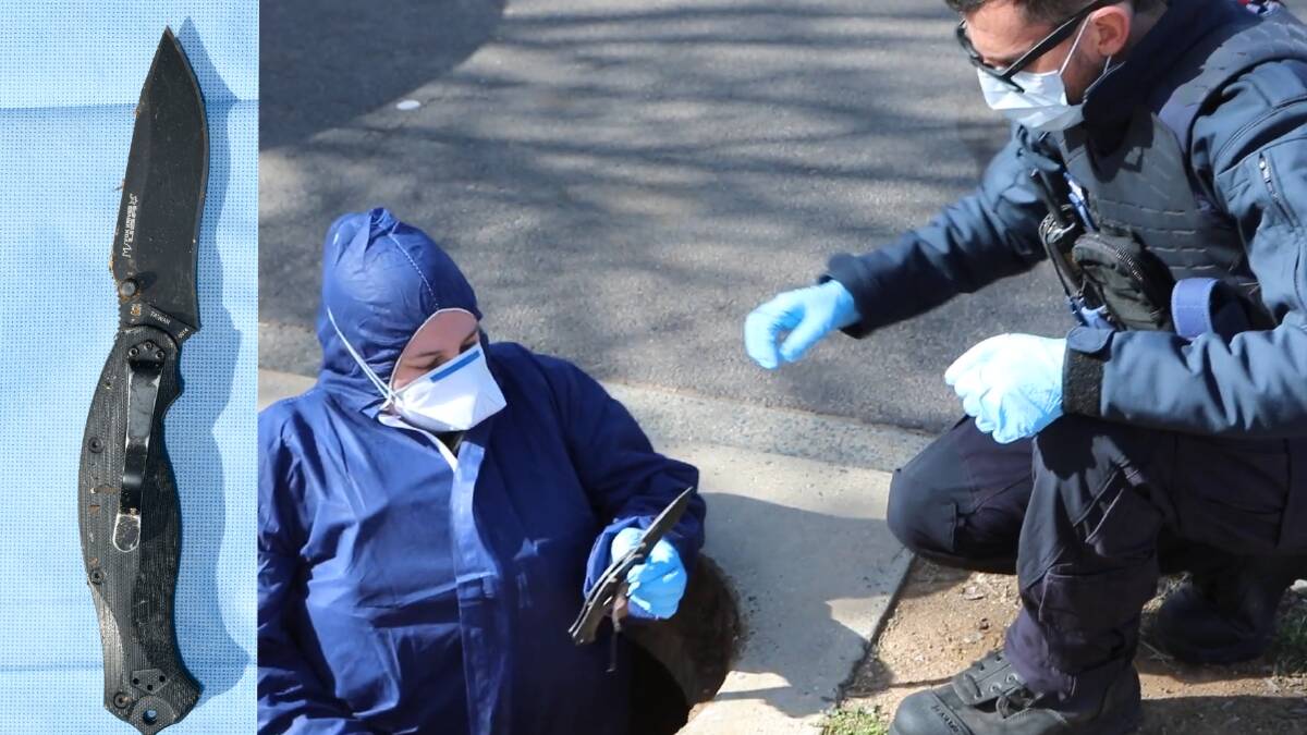 The knife believed to be the murder weapon is removed from a drain in Turner. Pictures: ACT Policing