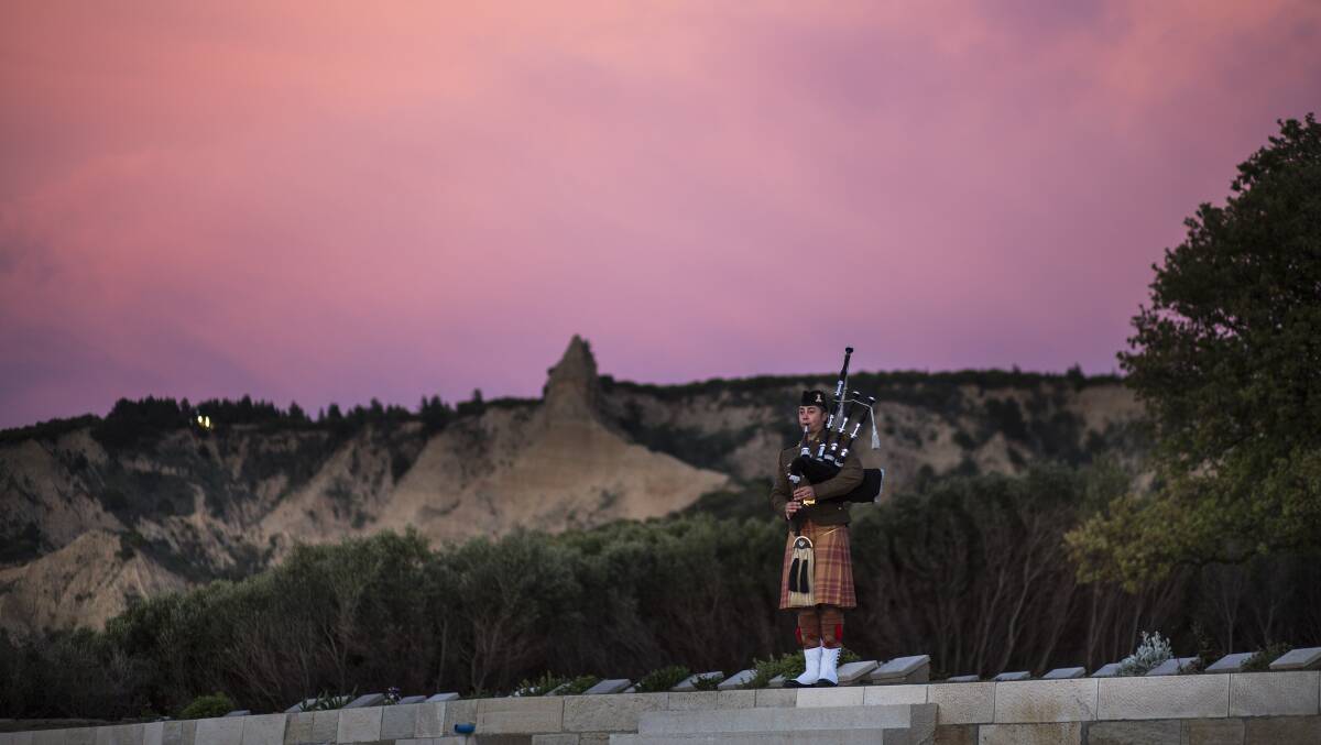 Australian Army Bag Piper Musician Dave Leaders conducts a rehearsal at the Ari Burnu cemetery ahead of the 2017 Anzac Day commemorations in Gallipoli. Picture: Defence
