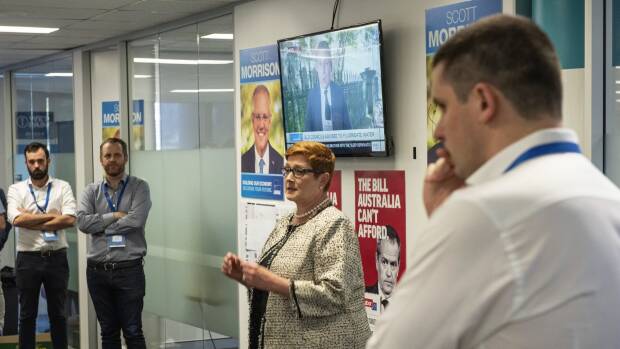 From left: Liberal campaign deputy directors Isaac Levido and Simon Berger, Liberal MP Marise Payne and campaign director Andrew Hirst. Picture: Scott Cadzow