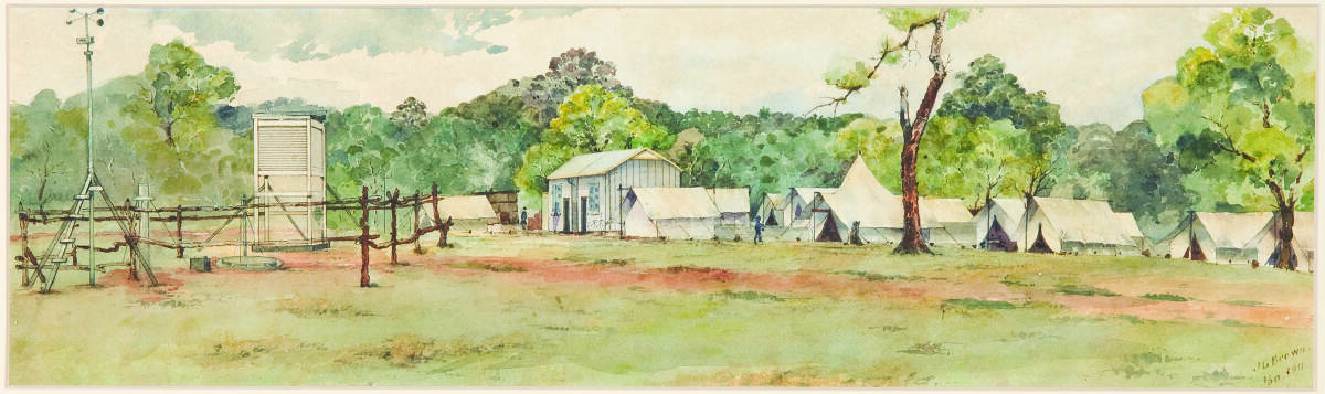 The first survey camp at the site of Canberra 1911, watercolour on paper. Picture: Courtesy J G Brown and CMAG collection