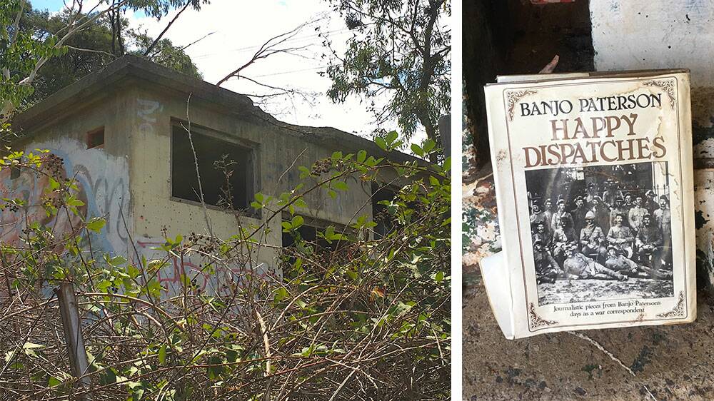 The abandoned pump house above Morshead Drive, left, and one of several books left there. Pictures: Supplied