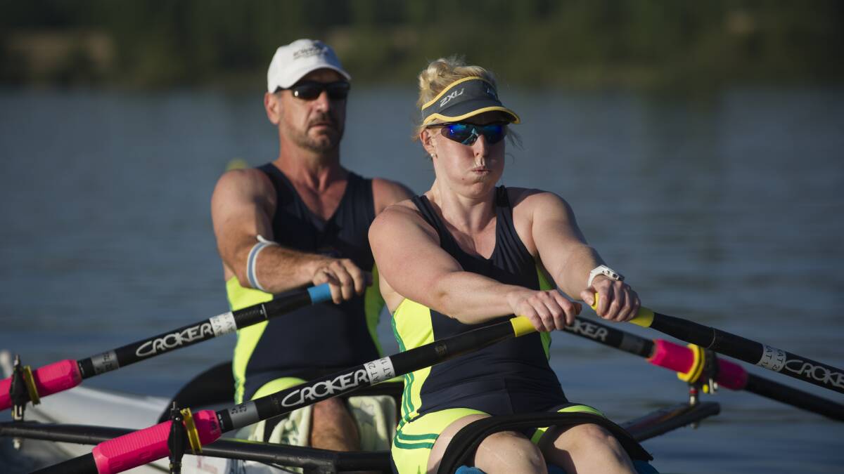 Australian Paralympians Gavin Bellis and Kathryn Ross in the lead-up to the Rio Games on the water in Canberra. Picture: Rohan Thomson
