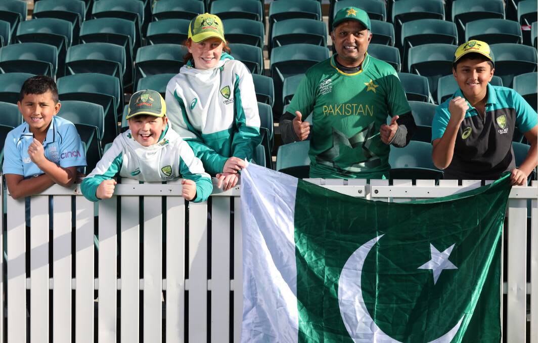 Cricket fans Jordan Fosberry, Lachlan Sill, Josie Sill, Zeeshan Iqbal, and Jackson Fosberry are excited for the upcoming international matches at Manuka Oval. Picture: James Croucher