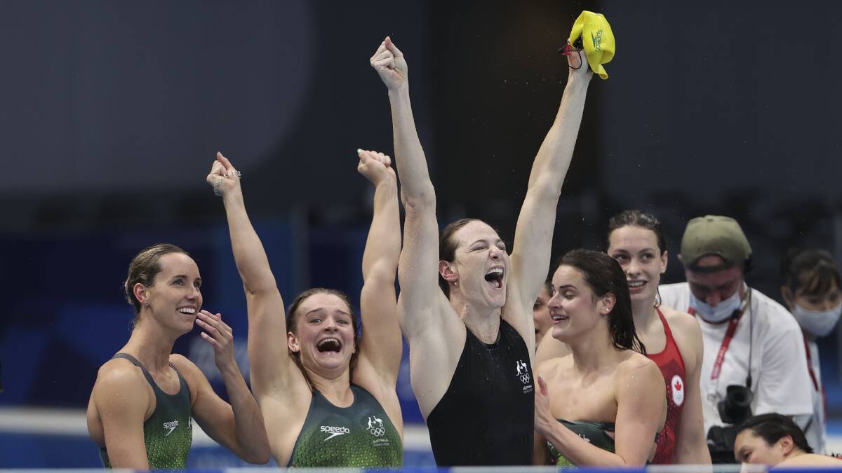 Cate Campbell celebrates alongside Chelsea Hodges after winning another gold medal in Tokyo in the 4x100m medley relay. Picture: Getty Images