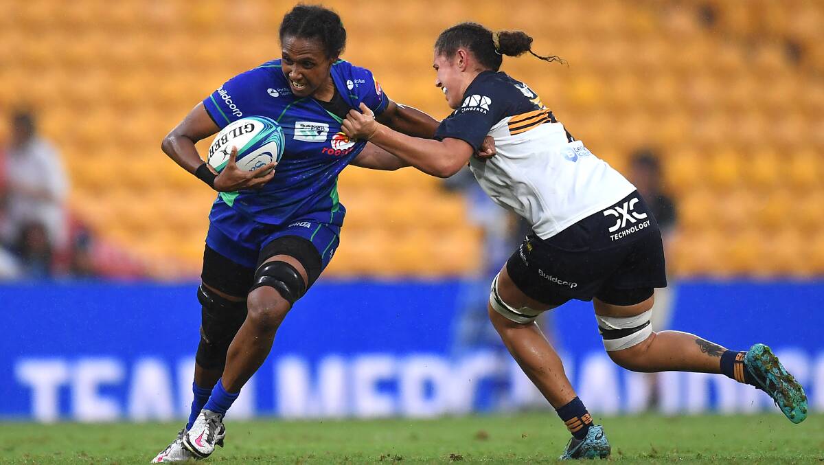 ACT Brumbies forward Talei Qalo Wilson gets a tackle on Fijiana Drua's Livia Naidei on Saturday at Lang Park. Picture: Getty Images