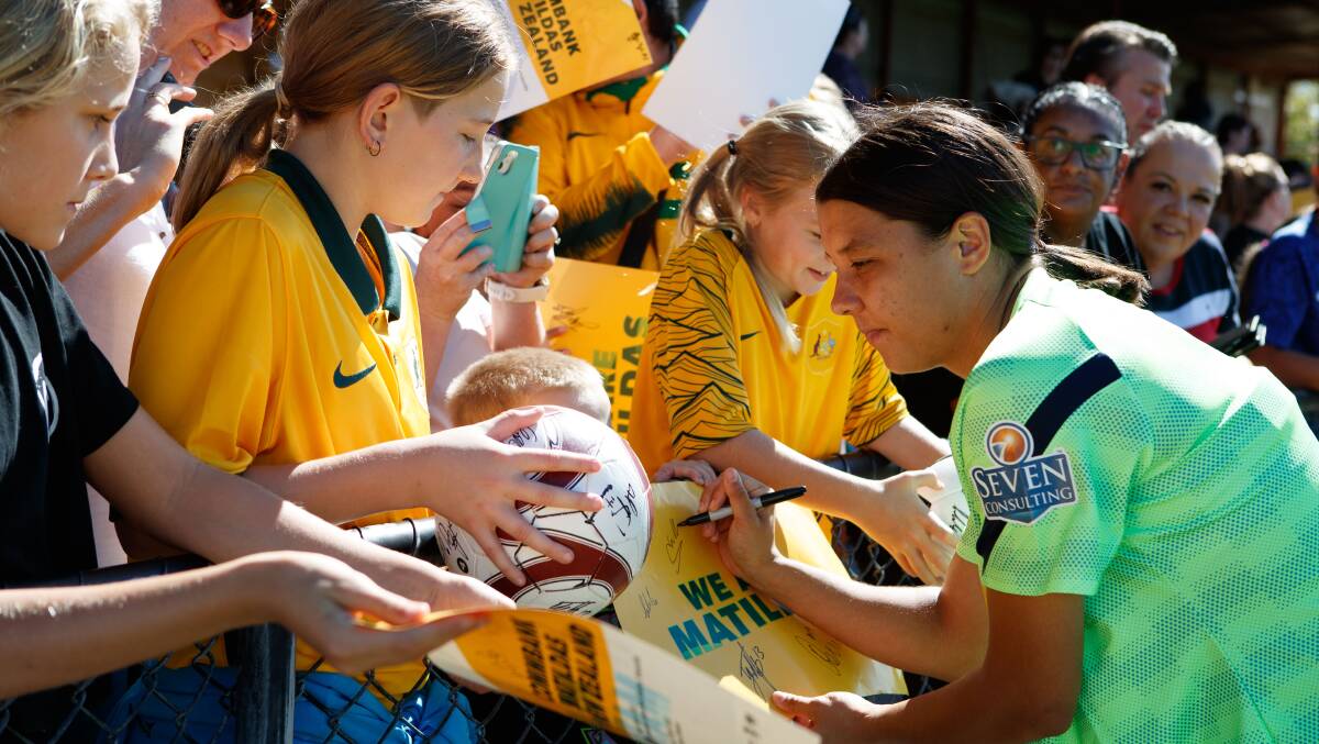 Sam Kerr with Canberra fans at Viking Park on Sunday morning. Picture: Football Australia
