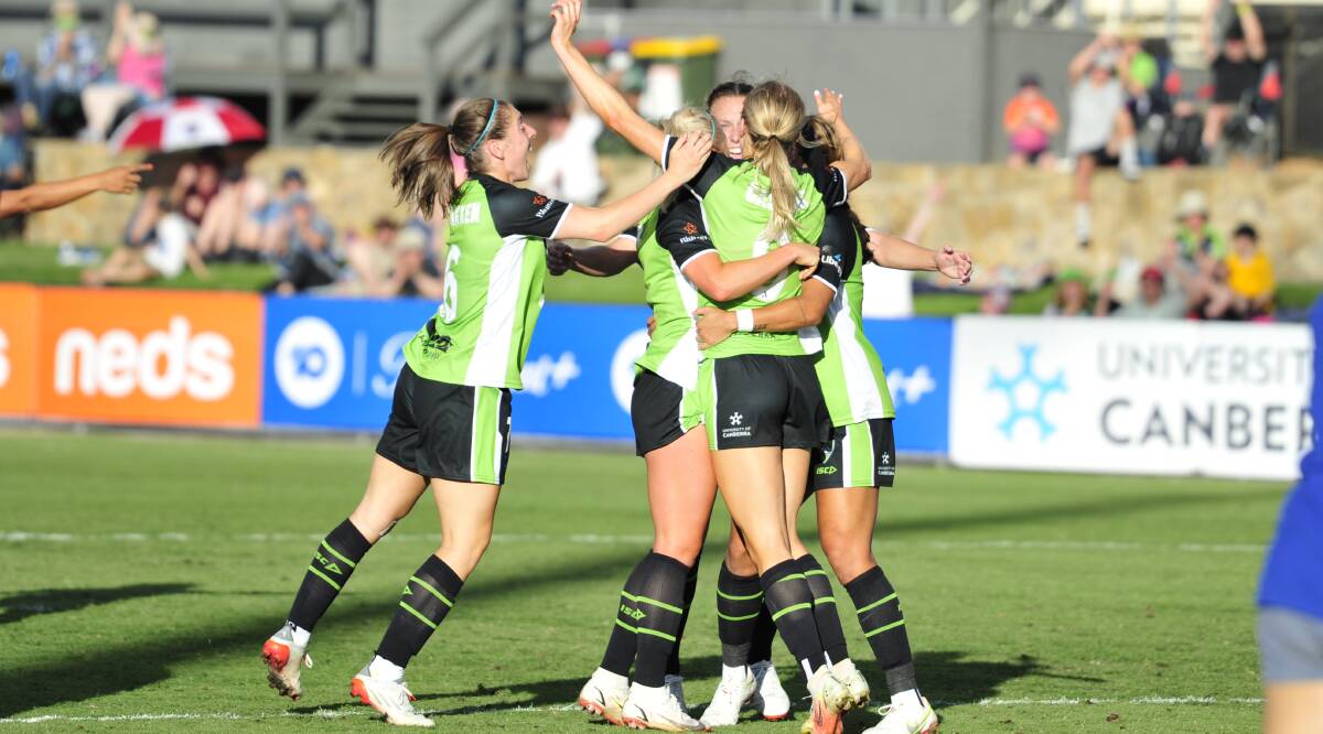 Holly Caspers came into the game off the bench as an impact player and scored the equaliser to give Canberra United a last-minute draw against Brisbane Roar. Picture: Dion Georgopoulos
