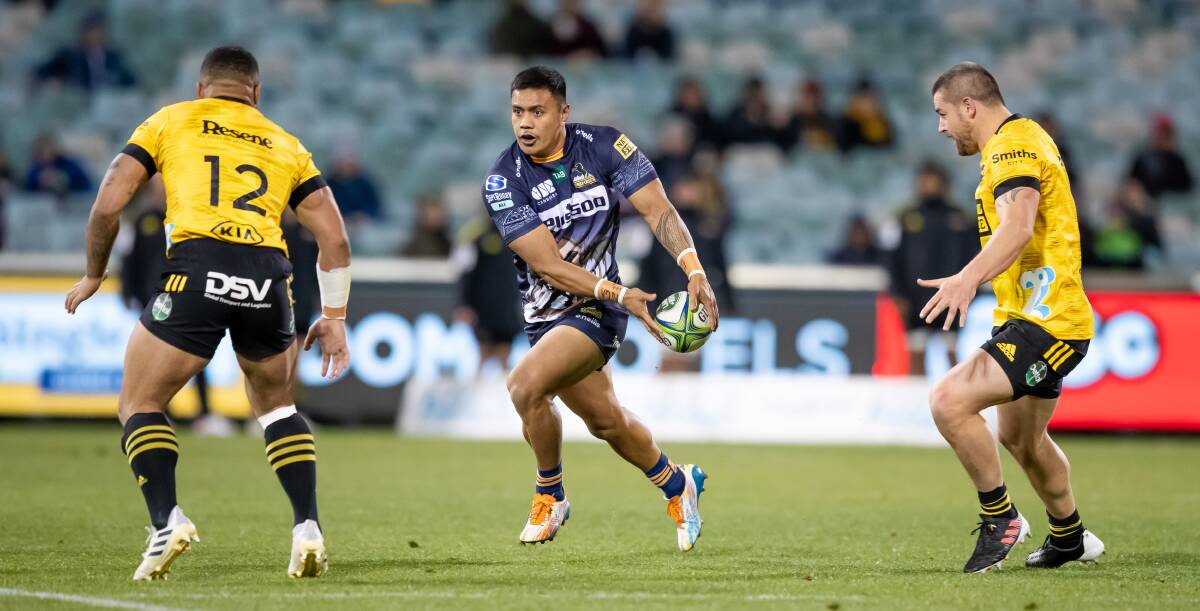 Brumbies' outside centre Len Ikitau in action during the side's first series win over the Hurricanes on Saturday. Picture: Sitthixay Ditthavong