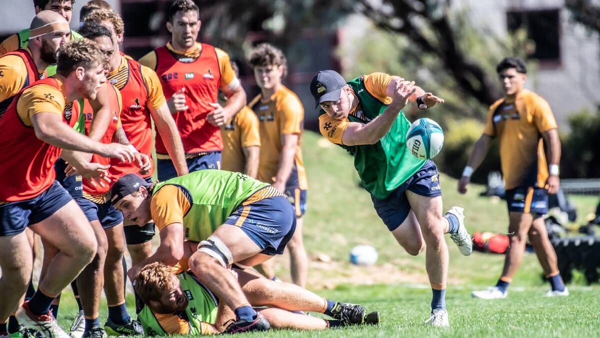 Three more Brumbies are a chance to return to the selection fold, driving players at training to make their case for their spot against the Hurricanes. Picture: Karleen Minney