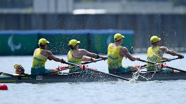 Renae Domaschenz (left) in the Australian PR3 mixed coxed four at Tokyo. Picture: Paralympics Australia
