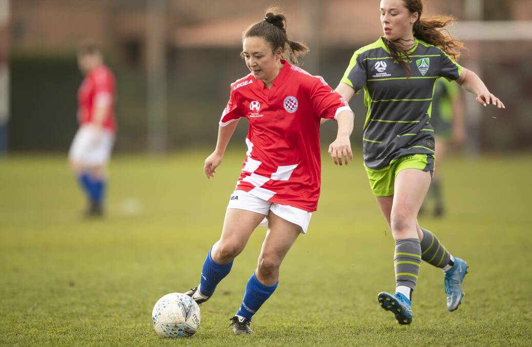Jennifer Bisset in action for Canberra Croatia FC. The side are guaranteed a spot in finals, the only question remains if they will hold on to first and take out the NPLW premiership. Picture: Keegan Carroll