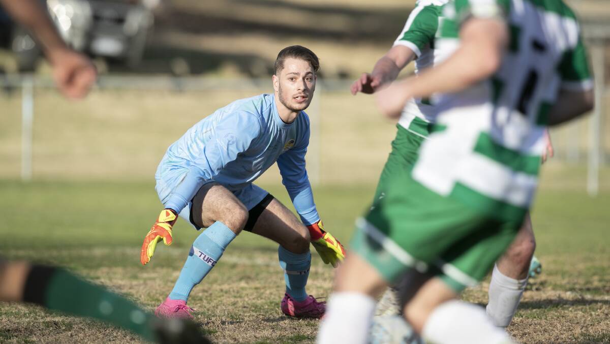 Monaro Panthers FC goalkeeper Evan Alexandrow-Ridley in their last win against Tuggeranong United FC. Picture: Keegan Carroll