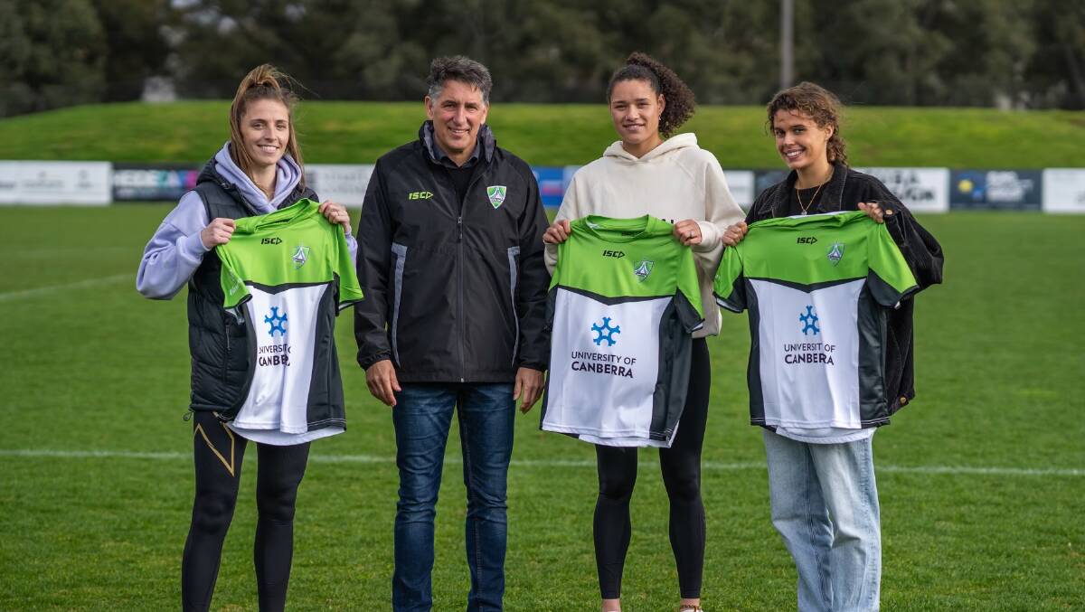 New Canberra United signings Rebecca Burrows, Grace Jale and Grace Taranto with coach Njegosh Popovich. Picture: Gold Leaf Creative