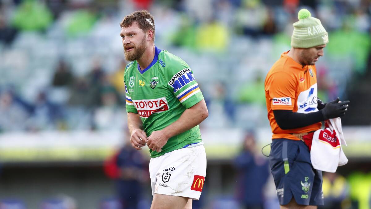 Canberra Raiders skipper Elliott Whitehead was rested for knee swelling and did not train on Tuesday, but is set to suit up in the lime green on Sunday. Picture: Keegan Carroll