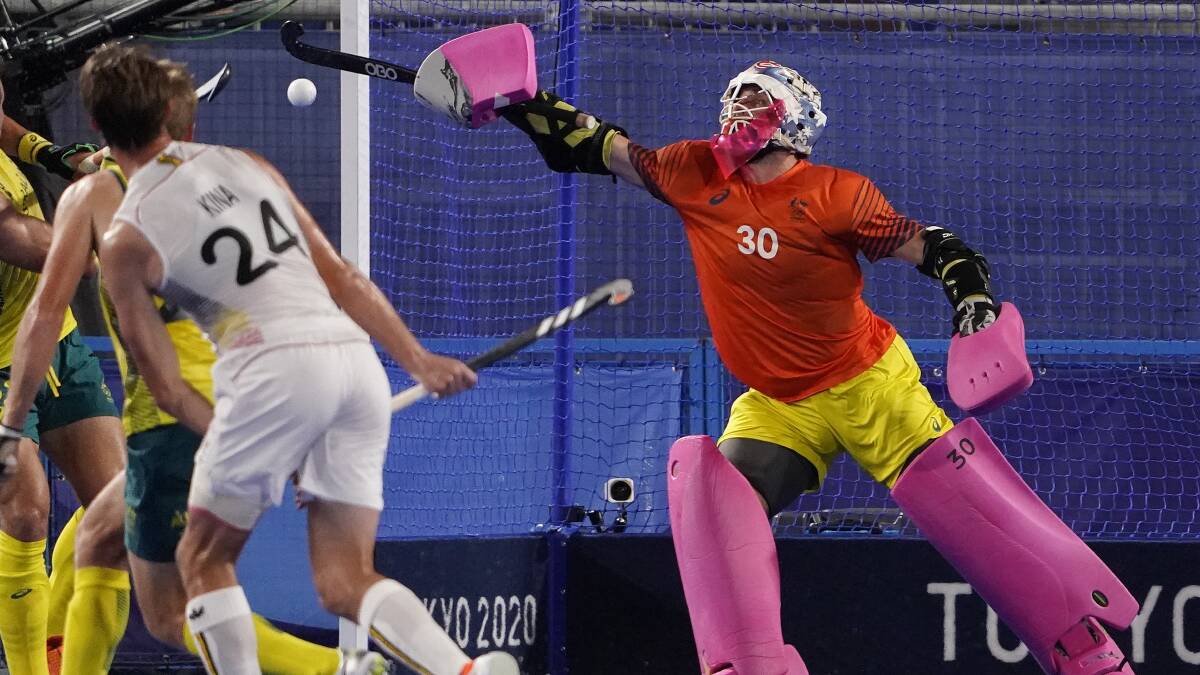 Andrew Charter making a crucial save during the Kookaburras Olympic final against Belgium on Thursday. Picture: AAP