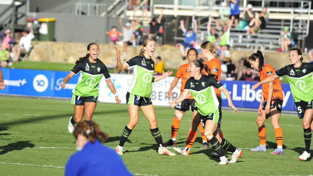 Canberra United reacts after Holly Caspers levelled the scores 3-3 from Grace Maher's cross in injury time. Picture: Dion Georgopoulos