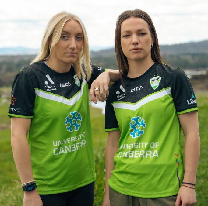Canberra United's Nickoletta Flannery and Grace Maher in the new jerseys. Picture by Jack Rowley