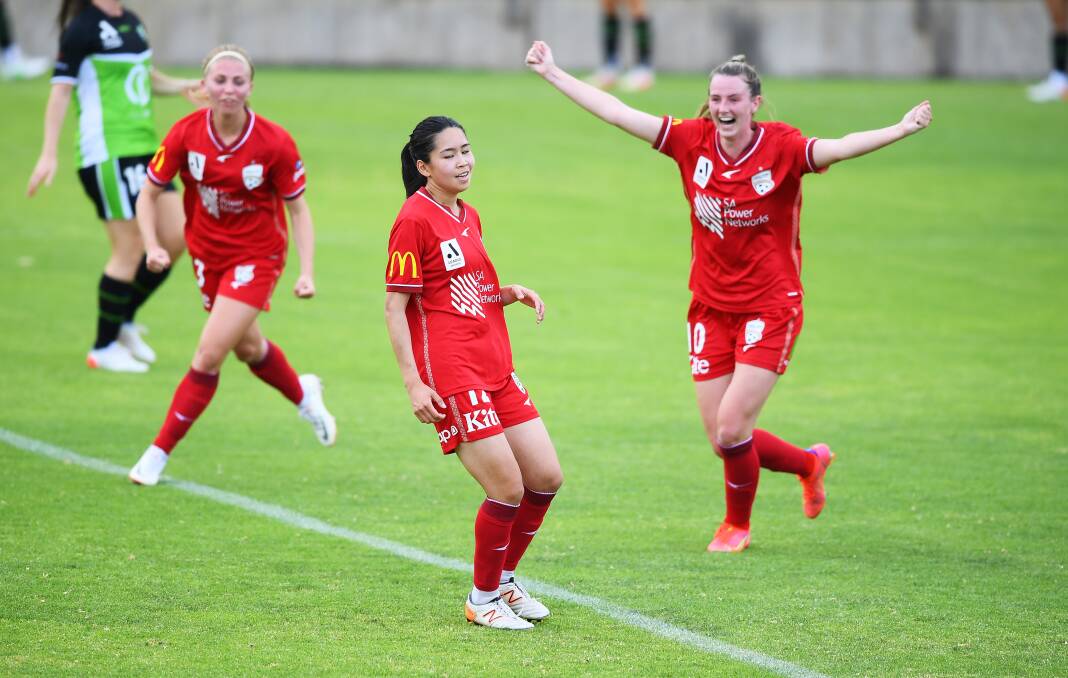 Adelaide United players celebrate Nanako Sasaki's equaliser at Marden Sports Complex. Picture: Getty