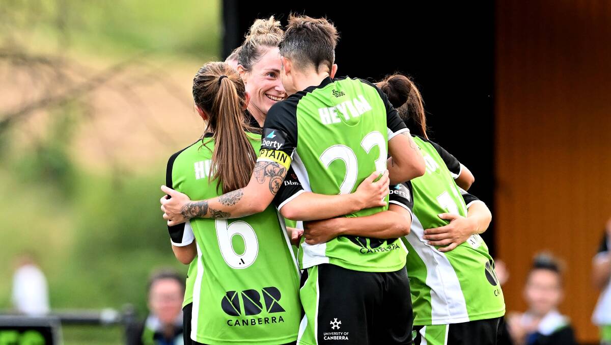 Michelle Heyman scored all three of Canberra United's goals on Friday night against Brisbane Roar. Picture: Getty