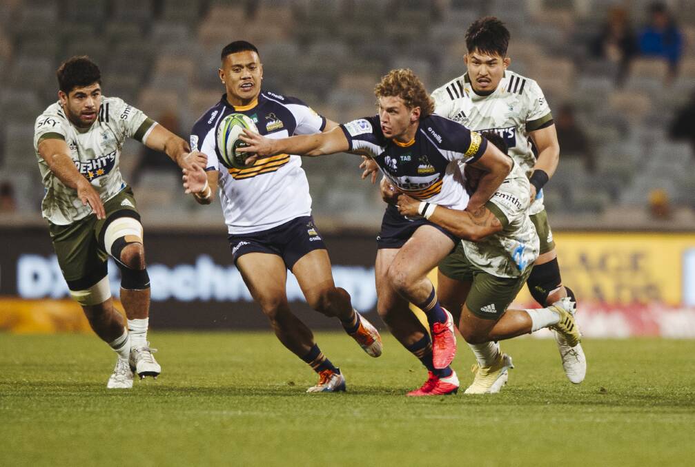 The Brumbies' Bayley Kuenzle in the blue and gold for the last time against the Highlanders on Saturday. Picture: Dion Georgopoulos