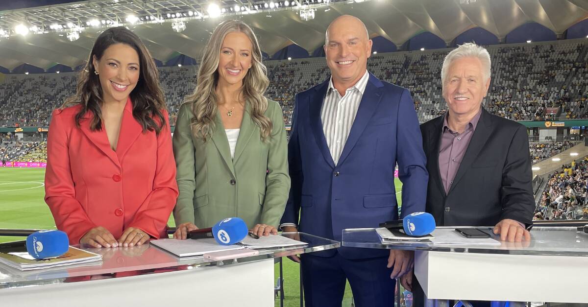 Grace Gill (second from left) alongside A-Leagues host Tara Rushton, commentator Andy Harper and former Matildas coach Tom Sermanni during a Matildas game at Western Sydney Stadium. Picture: Supplied