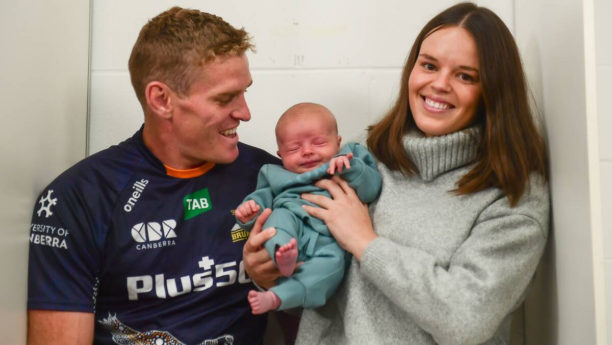 Brumbies flanker Tom Cusack, daughter Rosie and partner Amy Cusack earlier this year. Picture: Karleen Minney