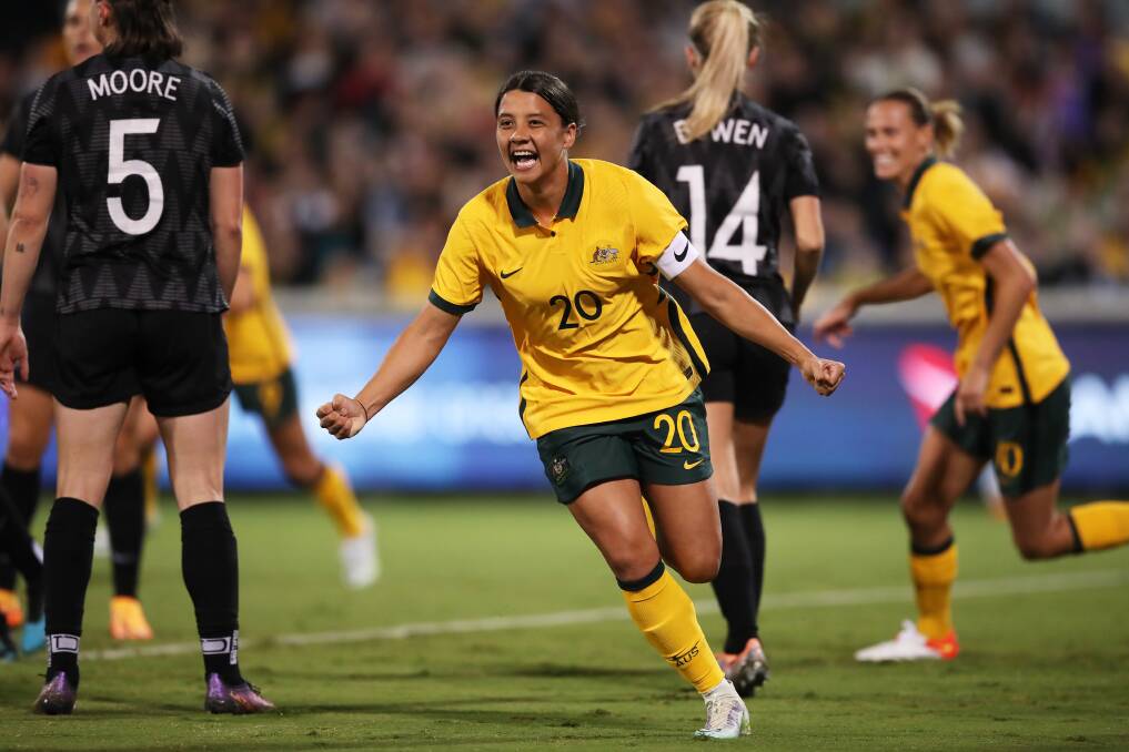 Matildas captain Sam Kerr netted two in her side's 3-1 win at Canberra Stadium. Picture: Getty