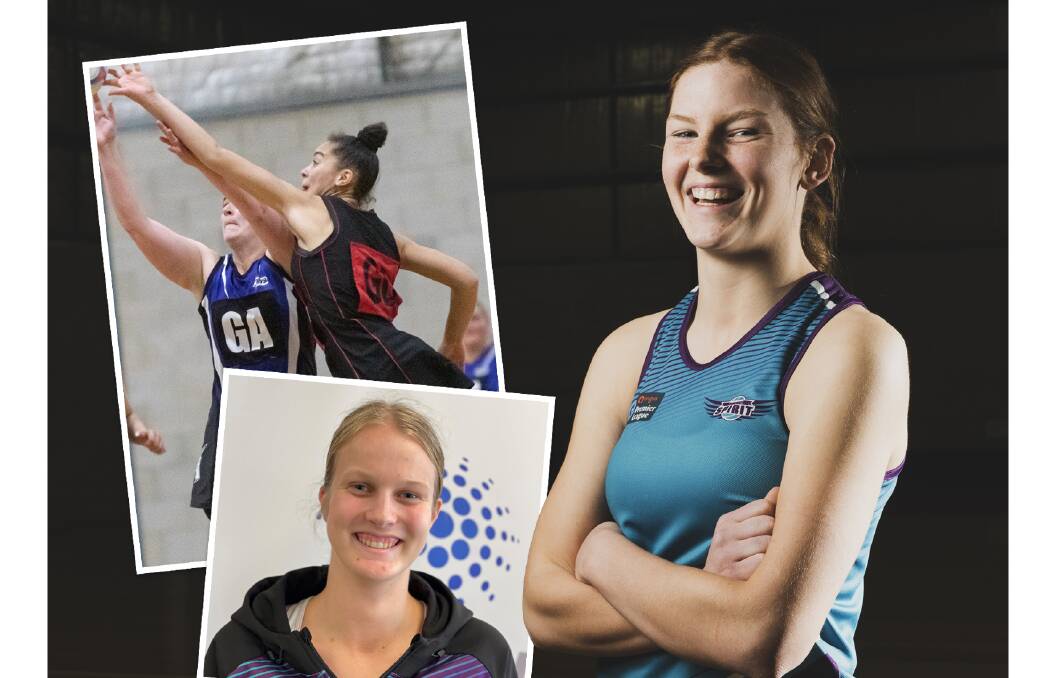 Jessica Berry (top inset), Hayley Matthew (bottom inset) along with Samantha Bondietti, put their ability to juggle all of their commitments to play netball at an elite level down to their support networks. Pictures: Supplied, Dion Georgopoulos