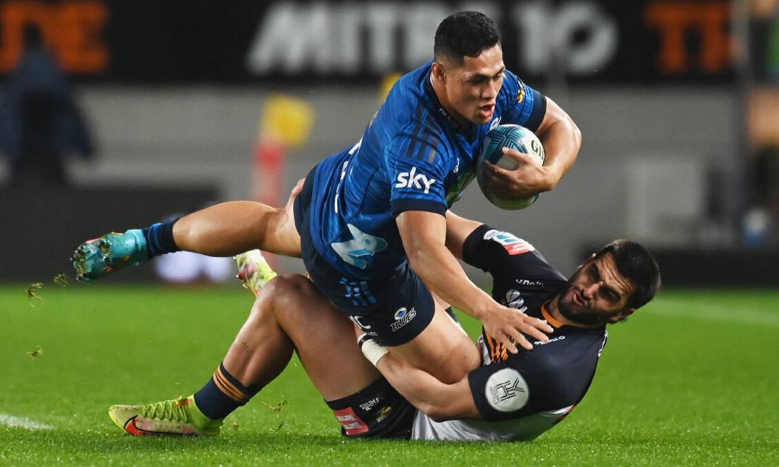 Tom Wright makes a tackle at Eden Park during their semi-final. Picture: Photosport.nz