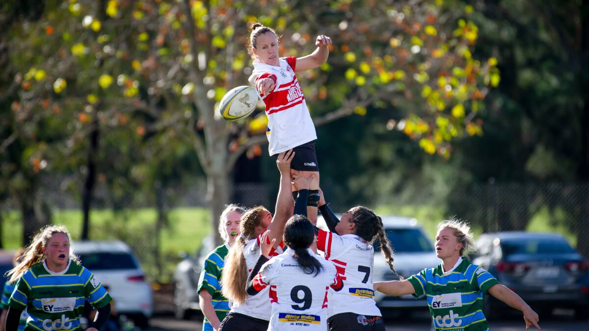 Shellie Milward wins a line out for Tuggeranong during their 19-0 win on Saturday. Picture: Elesa Kurtz