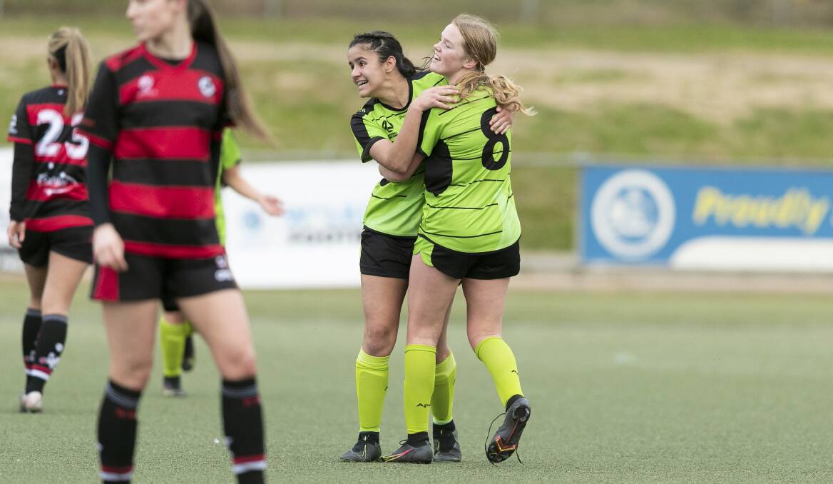 Latisha Babic (left) celebrating her match-winner that took out the NPLW's goal of the year for 2021. Picture: Keegan Carroll