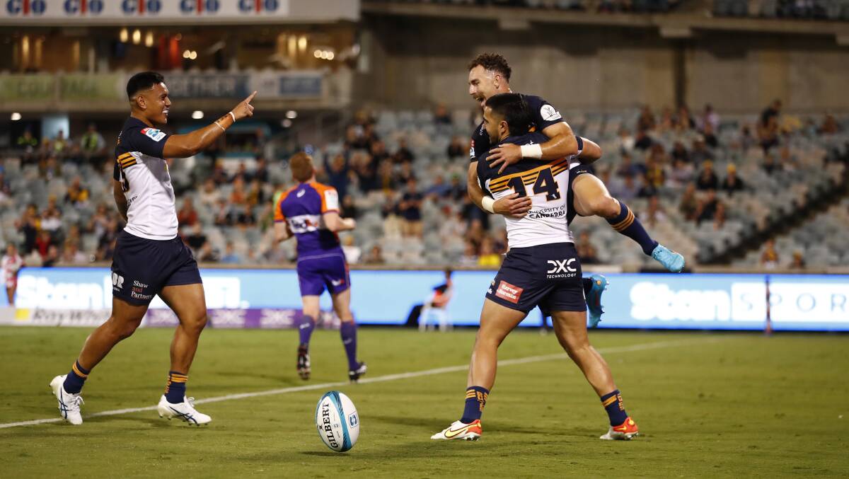 The Brumbies make it five straight wins to open their Super Rugby Pacific season. Picture: Keegan Carroll