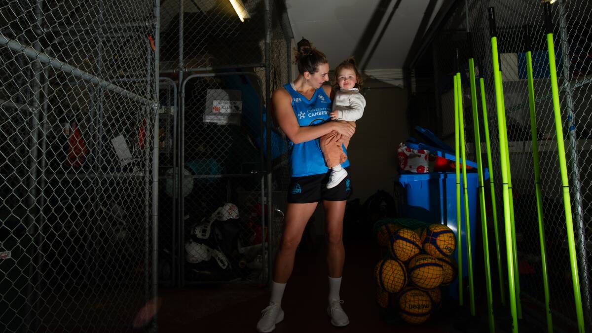 Alex Bunton after Canberra Capitals training with her 20-month-old daughter Opal. Picture: Karleen Minney