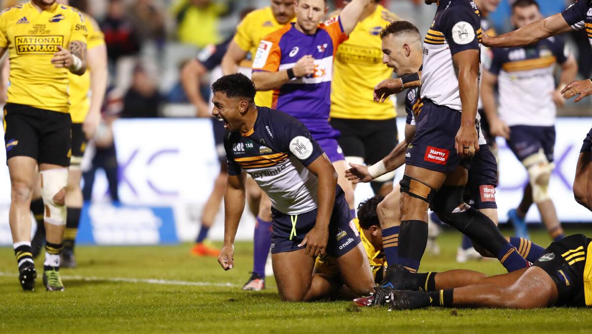 ACT Brumbies Irae Simone crosses for a try in their 10-point win. Picture: Keegan Carroll