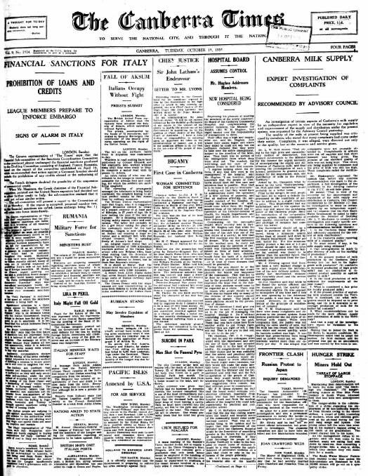 The front page of The Canberra Times on October 15, 1935.