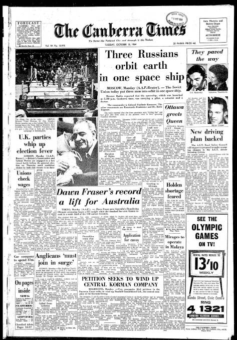 The front page of The Canberra Times on October 13, 1964.