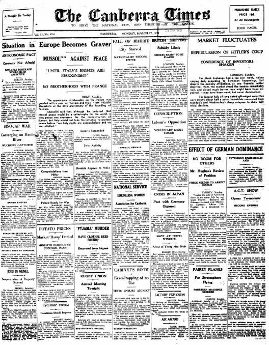 The front page of The Canberra Times on March 27, 1939.