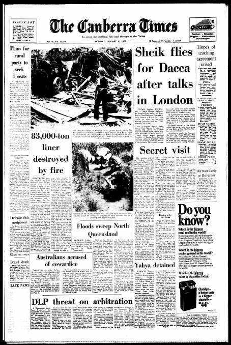 The front page of The Canberra Times on January 10, 1972.
