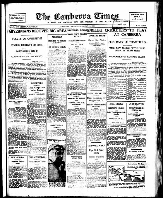 The front page of The Canberra Times on January 11, 1936.