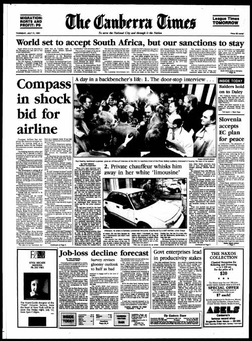 The front page of The Canberra Times on July 11, 1991.