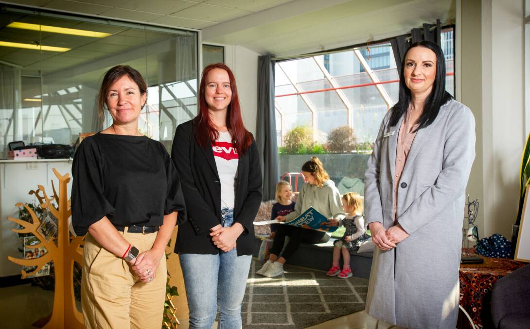 The University of Canberra's Dr Vicky Saunders (left) and Maddie Beck (centre) are working with people like Belconnen Early Childhood Centre director Ruth Connor as part of a new project. Picture: Elesa Kurtz