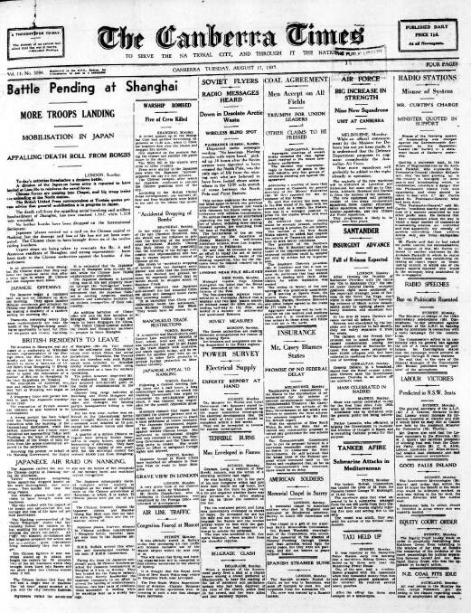 The front page of <i>The Canberra Times</i> on August 17, 1937. 